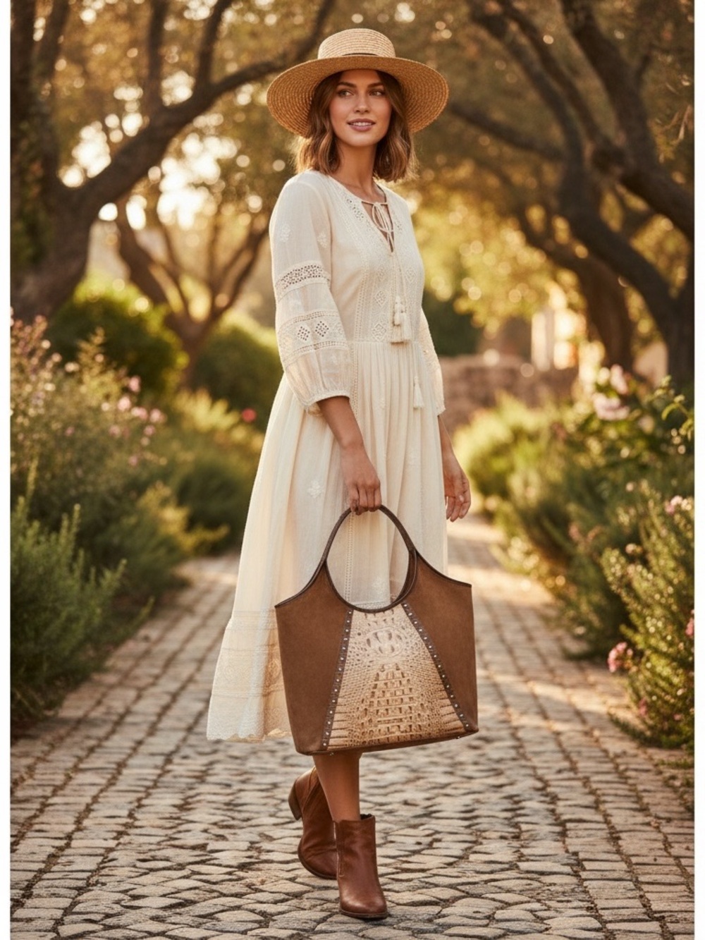 Brahmin Iona Tote in Taupe, Suede & Croc embossed